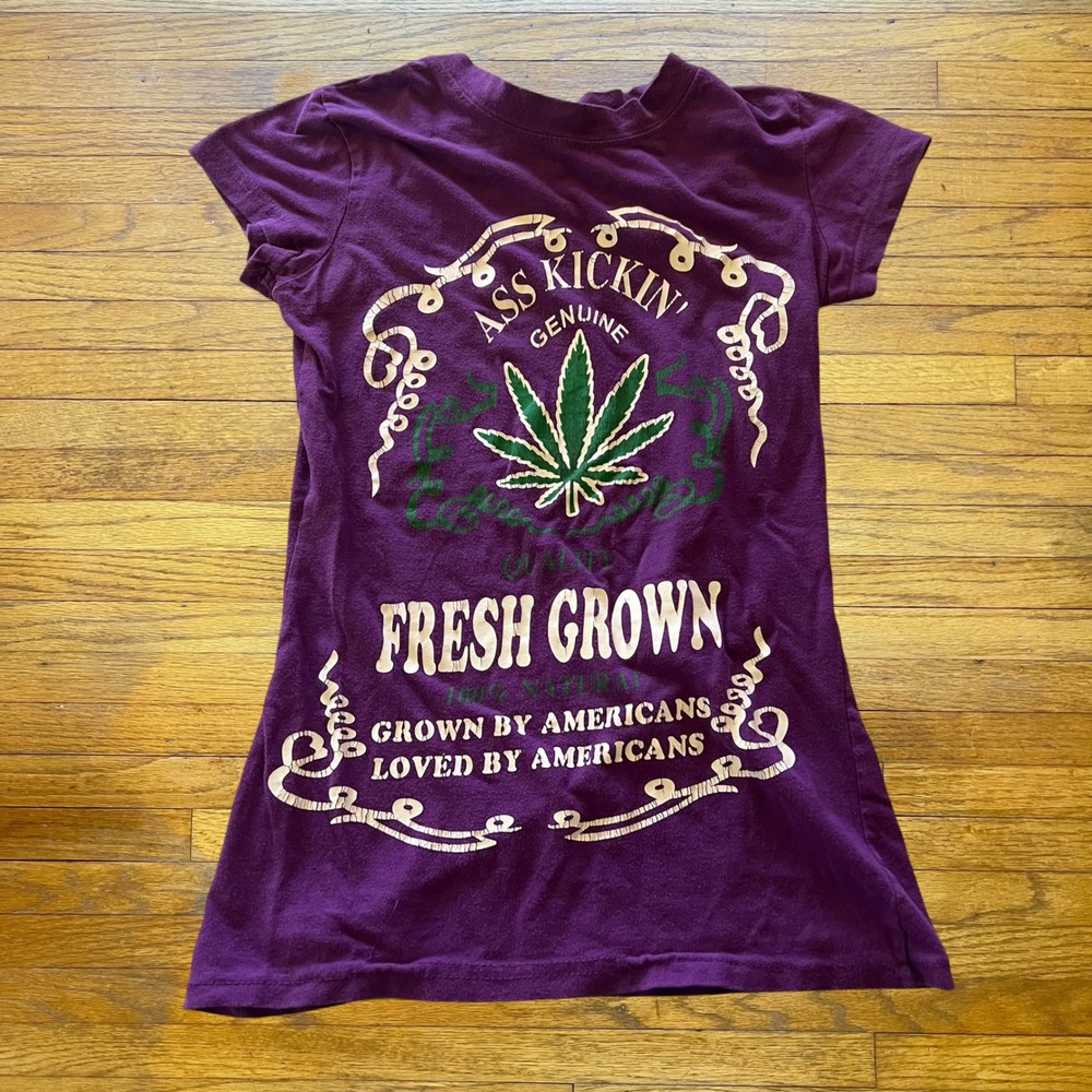 Vintage Style Ass Kickin Fresh Grown Graphic T-Shirt Purple Weed Leaf Baby Tee